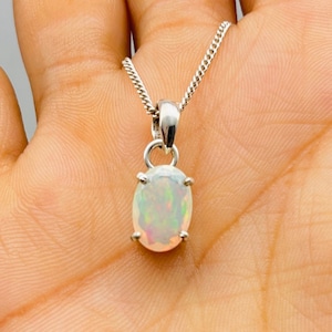 Natural Opal Necklace, Tiny Fire Opal Pendant, Opal Silver Necklace, Minimalist Opal Pendant, Dainty White Opal Necklace, October Birthstone