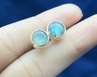 Handmade Labradorite Stud Earrings, 925 Sterling Silver Bezel Set