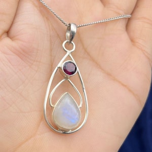 Natural Moonstone Garnet Gemstone Pendant, Tear Drop Garnet Moonstone Silver Pendant Necklace For Women, Handmade Bohemian Jewelry For Wifes