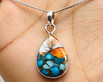 Sterling Silver Copper Turquoise Pendant Necklace, Teardrop Boho Jewelry
