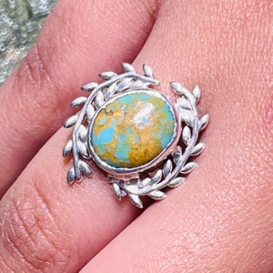 Turquoise Silver Ring, 925 Sterling Silver, Turquoise Gemstone Silver Statement Ring, Handmade Floral Leaf Silver Ring, Anniversary Gift