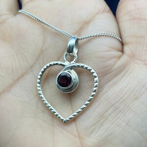 Natural Garnet Heart Shape Silver Necklace, Round Cut garnet Gemstone Necklace Pendant For Women, Heart Charm Necklace For Girlfriend Gifts