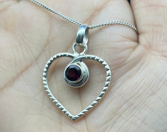 Handmade Garnet Heart Pendant Necklace, 925 Sterling Silver