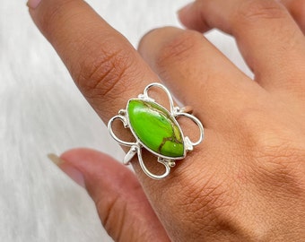 Handmade Green Turquoise Ring, Boho Sterling Silver Jewelry