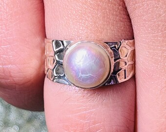 Handmade Pearl Sterling Silver Ring, Textured Band