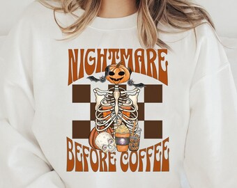 Felpa divertente di Halloween, Nightmare Before Coffee retrò, zucca scheletro