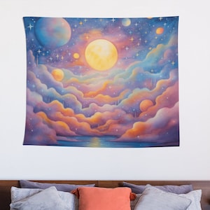 Celestial Sun Moon Stars Tapestry: Pastel Galaxy Wall Art