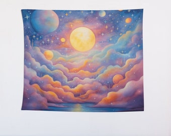 Celestial Sun Moon Stars Tapestry: Pastel Galaxy Wall Art