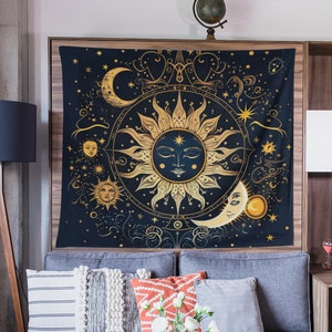 Celestial Sun Moon Stars Boho Wall Tapestry Aesthetic, Vintage Wall Hanging for livng room bedroom, Goth Home Decor, Wall Art Decoration