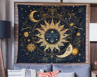 Celestial Sun Moon Stars Boho Wall Tapestry Aesthetic, Vintage Wall Hanging for livng room bedroom, Goth Home Decor, Wall Art Decoration