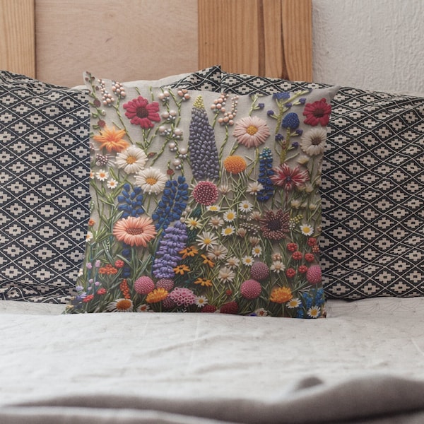Floral Throw Pillow, Cottage core Home Decor, Faux Embroidery Aesthetic Pillow, Decorative Wildflower pillow cover, Housewarming Gift