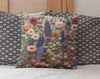 Floral Throw Pillow, Cottage core Home Decor, Faux Embroidery Aesthetic Pillow, Decorative Wildflower pillow cover, Housewarming Gift