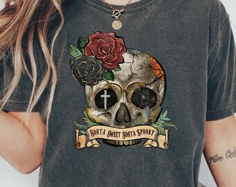 Comfort Colors Halloween Shirt, Spooky Skull Floral Tee