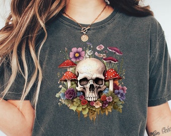 Cottagecore Mushroom Skull Shirt: Retro Floral Comfort Colors Tee