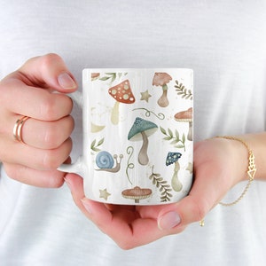 Mystical Cottagecore Floral Mushroom Ceramic Coffee Mug, Vintage Botanical Tea Cup, Plant Lover Custom Coffee Cup