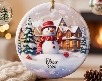 Snowman in Winter Village Ceramic Ornament | Personalized Name 2026