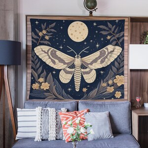 Celestial Moth Wall Tapestry: Boho Moon & Stars, Goth Home Decor