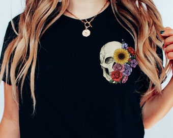Floral Skull Pocket T-Shirt: Dark Academia Halloween Tee