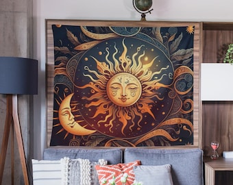Celestial Sun & Moon Tapestry: Boho Goth Home Decor