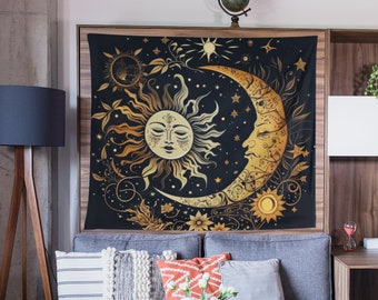Celestial Sun & Moon Tapestry: Boho Goth Wall Hanging