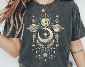 Boho Celestial-shirt: vintage maanstanden, mystieke dierenriem