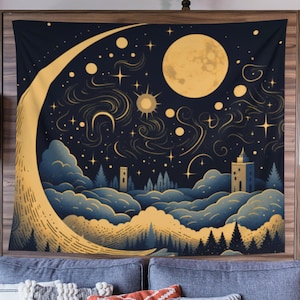 Boho Celestial Sun Moon Stars Wall Tapestry Aesthetic, Vintage Wall Hanging for livng room bedroom, Goth Home Decor, Wall Art Decoration