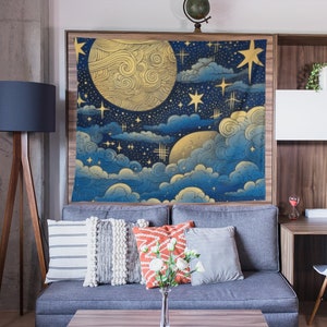 Boho Celestial Sun Moon Stars Wall Tapestry Aesthetic, Vintage Wall Hanging for livng room bedroom, Goth Home Decor, Wall Art Decoration