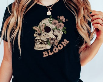 Bloom Skull Graphic Tee - Dark Academia Floral Skeleton Shirt