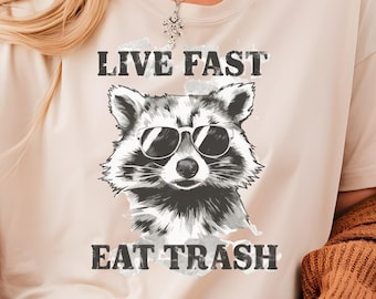 Camiseta divertida de mapache: camiseta gráfica vintage, vive rápido, come basura