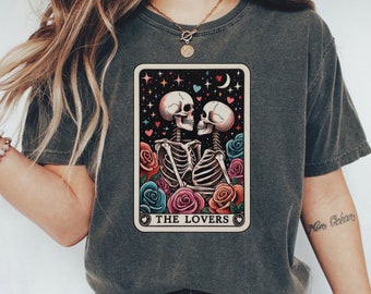 The Lovers Tarot Card Shirt: Vintage Skeleton Celestial Design