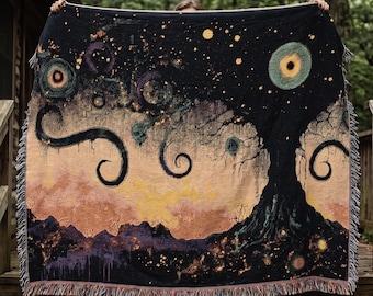 Starry Tree Psychedelic tapestry Woven Blanket | Night sky, swirling stars, boho goth decor