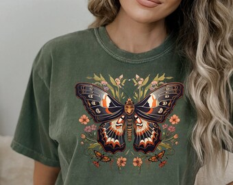 Cottagecore Butterfly T-Shirt: Floral Moth, Wildflower Garden, Comfort Colors