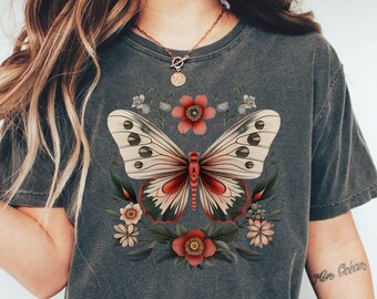 Camicia a farfalla vintage Cottagecore, t-shirt Fairycore Comfort Colors, maglietta floreale Dark Academia Nature Lover