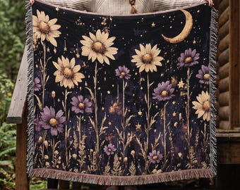 Moonlit Floral Field Woven Blanket | Celestial Daisies Night Sky Throw