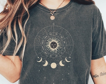 Camiseta con fases lunares celestiales y colores cómodos: camiseta vintage de astrología