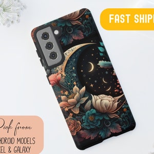 Cottagecore Floral Sun Moon Stars Phone Case for Google Pixel 5 6 7, Galaxy S10 S20 S21 S22 S23 Plus Ultra, Mystical Phone Case