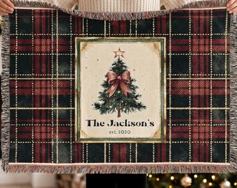 Personalized Vintage Plaid Christmas Tree Woven Blanket | Custom Holiday Throw