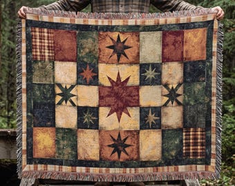Patchwork Star Quilt Woven Blanket | Rustic Cabin Throw, Farmhouse Decor