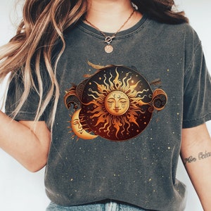 Boho Floral Sun Moon Stars T-Shirt, Celestial Lunar Comfort Colors Shirt, Boho Comfort Colors Shirts, Gifts for Her, Moon Shirt, Yoga Shirt