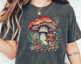 Retro T-shirt met paddenstoelenprint: psychedelisch shirt met cottagecore-comfortkleuren