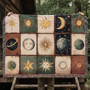 Celestial Sun Moon Stars Woven Blanket | Tapestry Throw, Astrology Grid Design