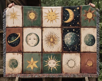 Celestial Sun Moon Stars Woven Blanket | Tapestry Throw, Astrology Grid Design
