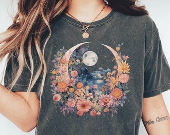 Camiseta floral de luna estilo cottagecore: camiseta de jardín bohemio con colores cómodos