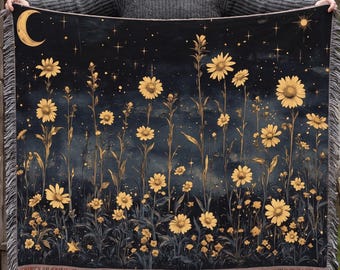 Moonlit Floral Garden Woven Blanket | Celestial Daisies Night Sky Throw