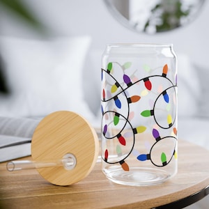 Christmas Lights Iced Coffee Glass Cup, Holiday Sipper Glass, Festive 16oz Cup, Christmas Gift, Holiday Drinkware, Glass Decoration
