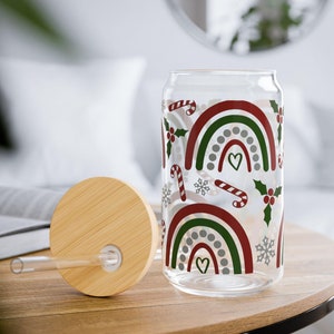 Christmas Glass Coffee Cup with Mistletoe Rainbow Candy Cane Holiday Design, Festive Sipper Glass Mug, 16oz Gift for Coffee Lovers, Seasonal