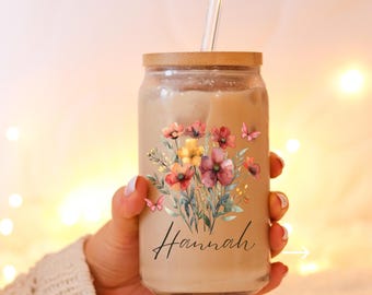 Bicchiere da caffè freddo in vetro floreale personalizzato: tazza da caffè con cannuccia e coperchio da 16 once