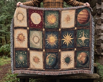 Celestial Tarot Grid Woven Blanket | Sun Moon Stars Planet Tapestry Gothic Aesthetic Throw