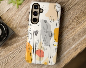 Könnte beinhalten: Eine weiße Handyhülle mit einem Blumenmuster. Das Design zeigt schwarze Umrisse von Blumen und Blättern mit gelben, orangefarbenen und rosafarbenen abstrakten Formen im Hintergrund. Die Handyhülle hat einen Kameraausschnitt mit drei schwarzen Linsen.
