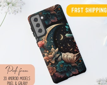 Cottagecore Floral Sun Moon Stars Telefoonhoesje voor Google Pixel 5 6 7, Galaxy S10 S20 S21 S22 S23 Plus Ultra, Mystieke Telefoonhoesje